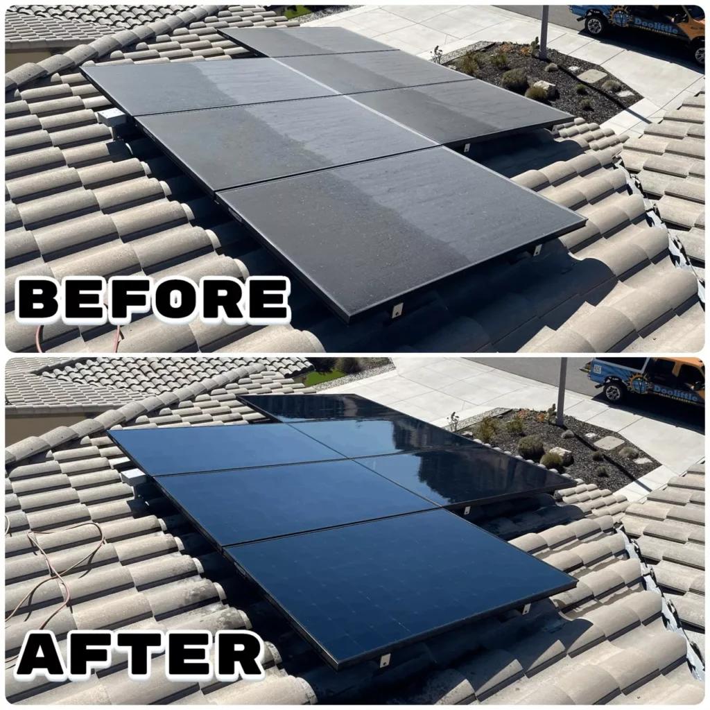Before-and-after solar panel cleaning on a gray tile roof