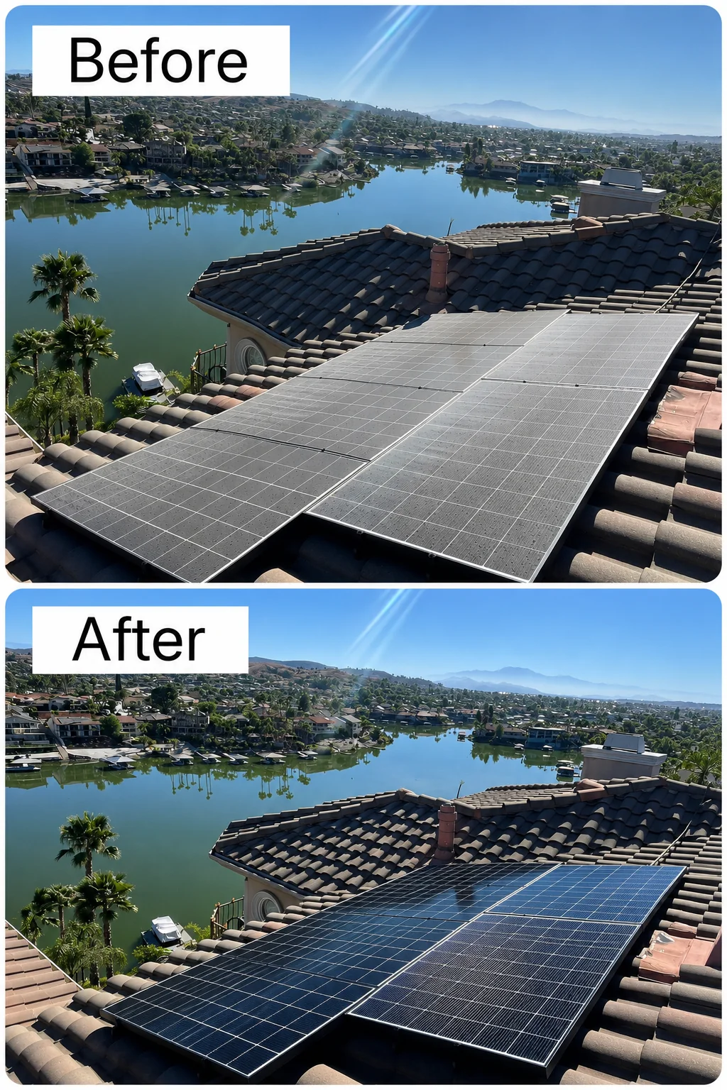 Solar panel cleaning before and after comparison